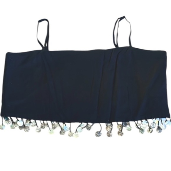 Jason Wu Linen blend Beaded Fringe Shell Crop Top Black Size 10 NWT Fun Lined - Picture 1 of 16